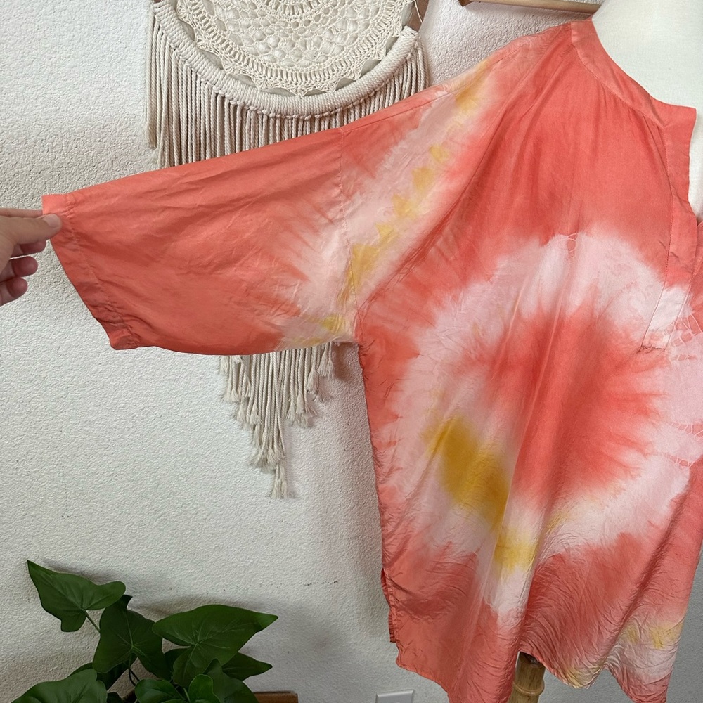Lafayette 148 coral orange and yellow tie dye silk oversized tunic top M/L - Picture 3 of 7